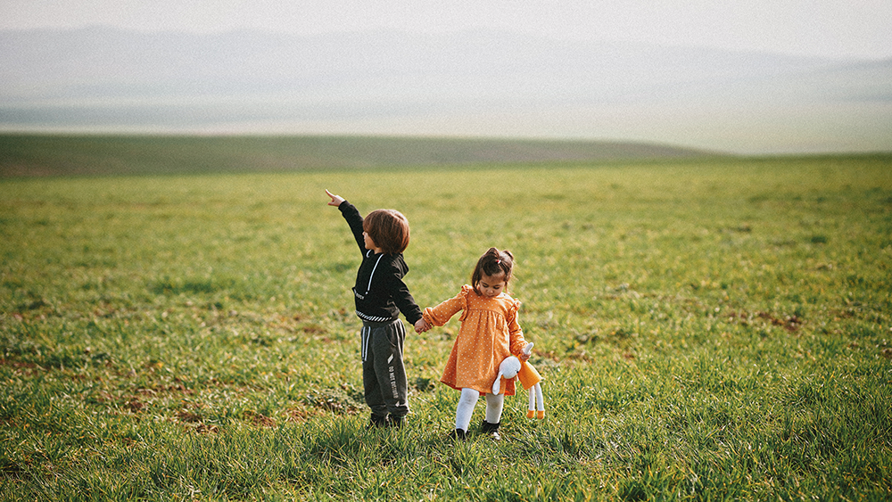 Two children holding hand in a green field