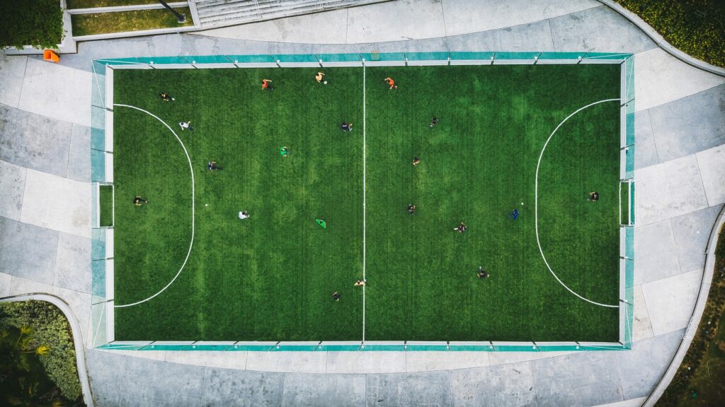 Green soccer field from above