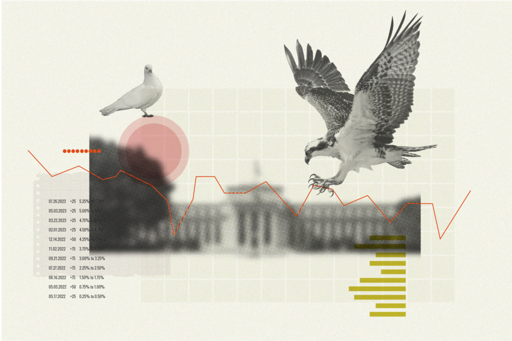 Dove and Hawk with fed building and chart of interest rate increases