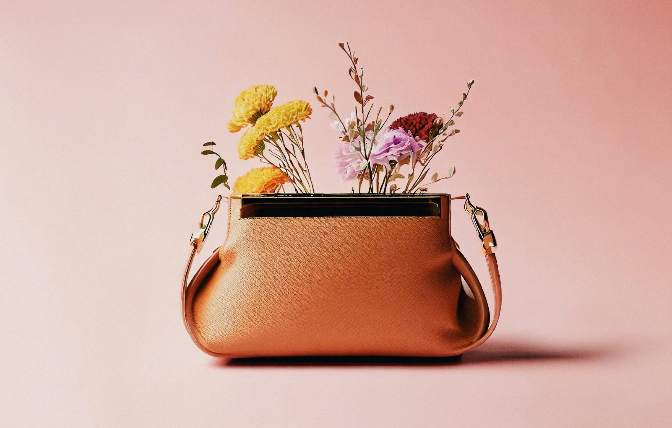 Woman's leather handbag with flowers sticking out of the top